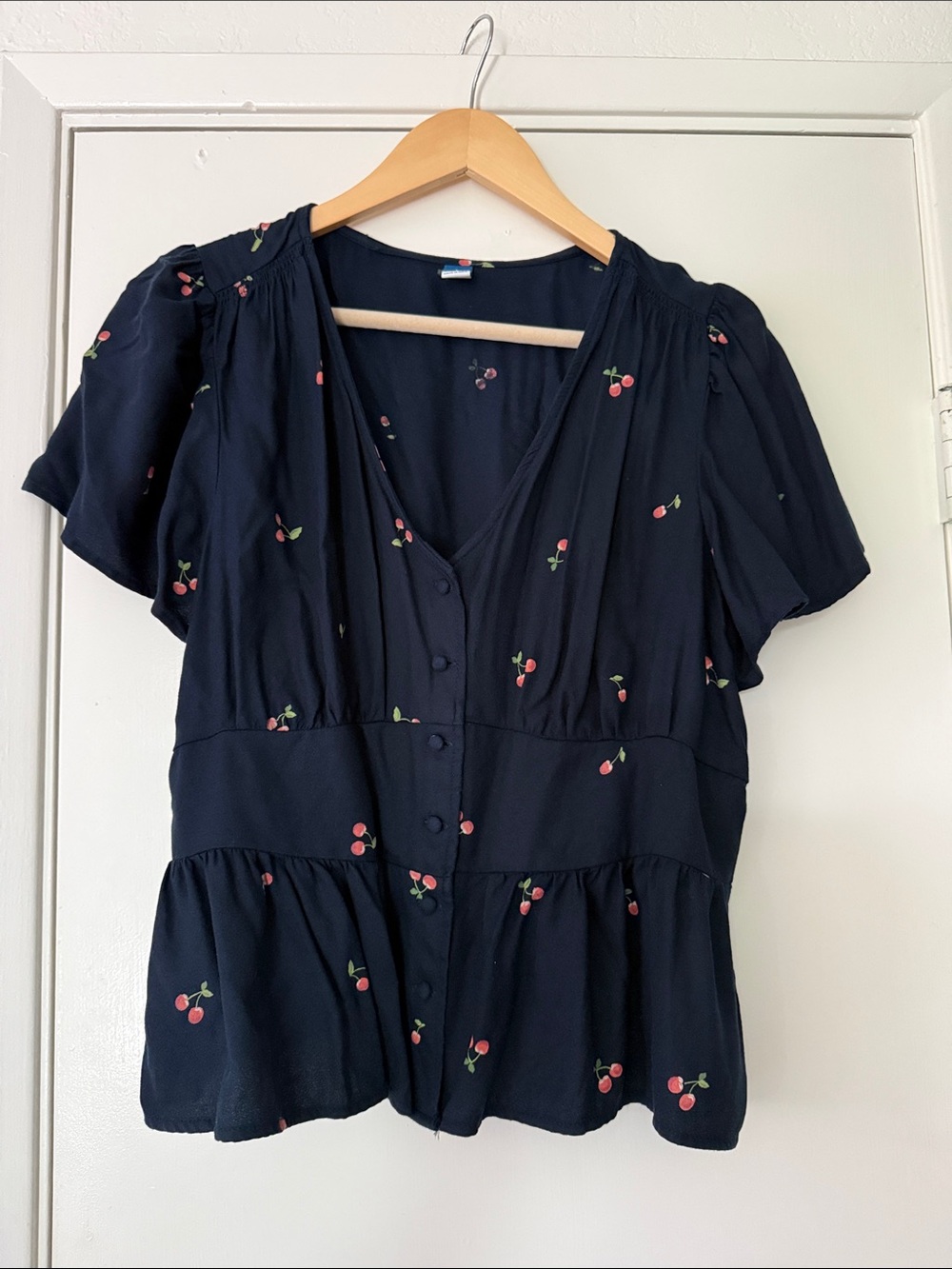 Old Navy Navy Cherry-Print Peplum Button Blouse